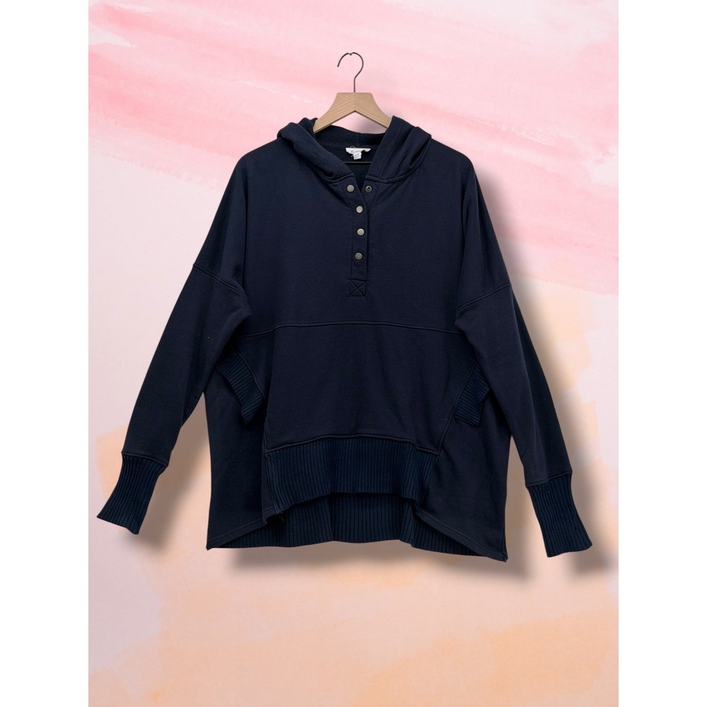 Bucket List Navy Blue Ribbed Trim Snap Neck Oversized Hoodie M